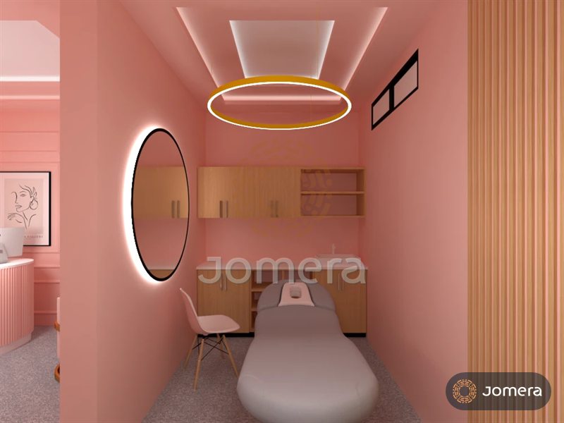3D render of a pink facial treatment room with a contoured treatment bed, a gold halo ring light, timber cabinetry with a basin and an oval backlit mirror