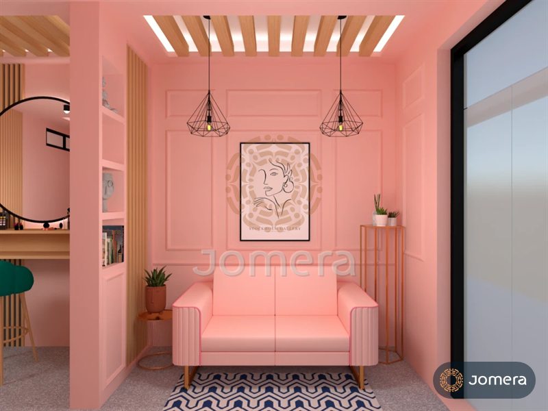 3D render of a blush-pink beauty studio lounge with a fluted-arm loveseat, wall mouldings, wire geometric pendants and a timber slat ceiling