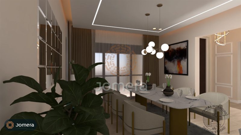 3D render of a dining room with a fiddle-leaf fig in the foreground, a globe pendant over the marble table and a large abstract painting