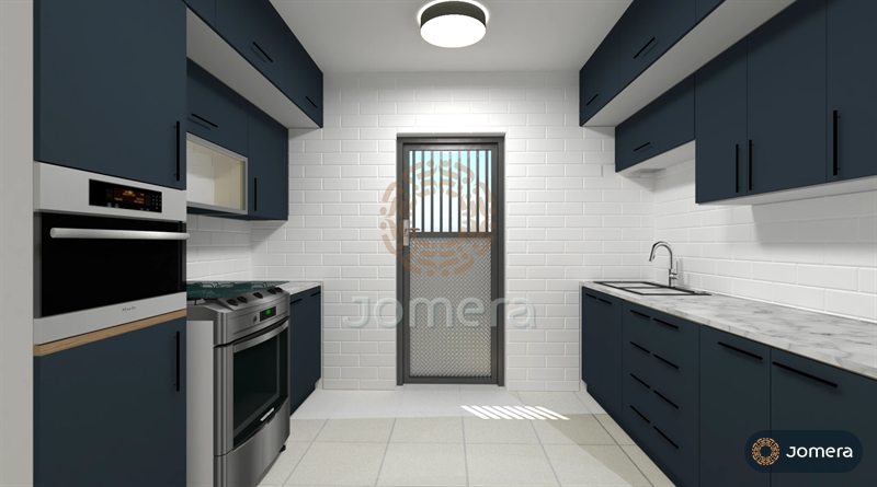 3D render of a galley kitchen with navy cabinets and black bar handles, white metro tiles, a marble-look worktop and a built-in oven