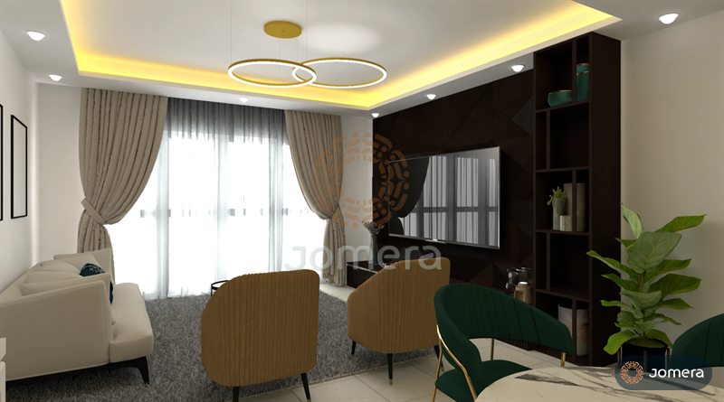 3D render of an apartment living room with a dark fluted feature wall around the TV, open shelving, ribbed mustard armchairs, a cream sofa and a twin-ring gold pendant under a cove-lit ceiling
