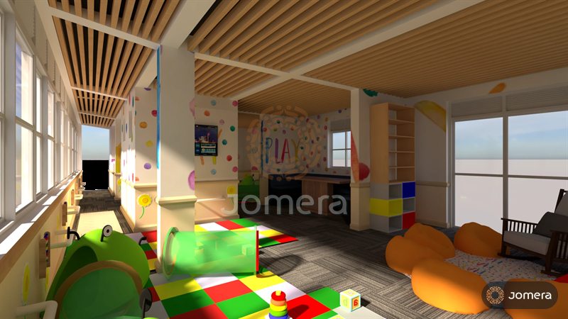 3D render of a children’s play and learning centre with soft play mats, a caterpillar tunnel, a PLAY mural, a reading nook and a slatted timber ceiling