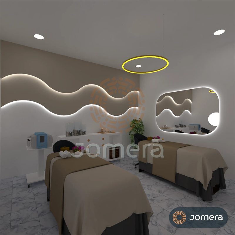 3D render of a twin spa treatment room seen at an angle, with a backlit wave wall, an LED-edged mirror and marble-look floor tiles